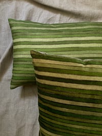 Image 1 of LEAF/LIME PRINTED STRIPE VELVET OR LINEN with natural linen back or double sided print