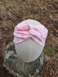 Image 2 of Pure Linen Twist Headband in Pink Gingham 