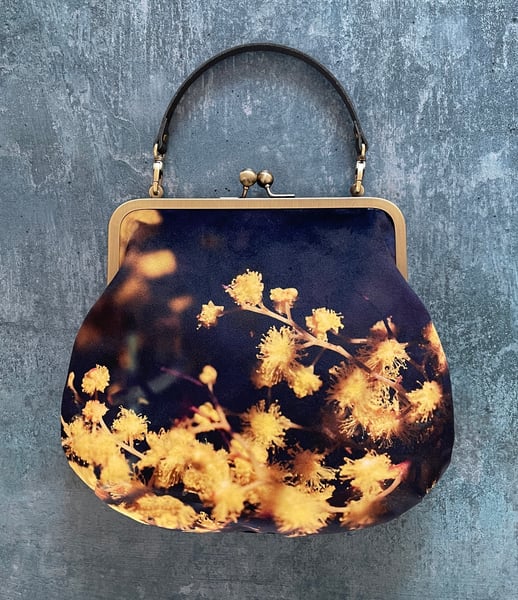 Image of Acacia flowers, large velvet kisslock bag