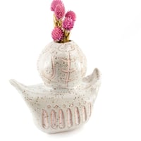 Image 1 of Bohemian Chic Abstract White Ceramic Vase with Flecked Design and Carvings