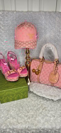Image 1 of Size 8 Pink 3pc Set- Bag, Wedge Sandals and Hat