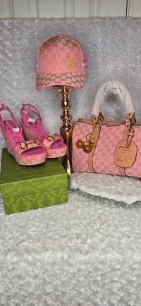 Image 5 of Size 8 Pink 3pc Set- Bag, Wedge Sandals and Hat