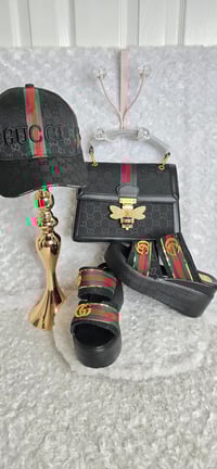 Image 2 of Size 7 Black 3pc Set- Bag, Wedge Sandals and Hat