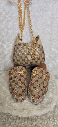 Image 1 of Size 7 Brown Gorg Girl Bling Mule sandals with matching Small Crossbody - Beige trim