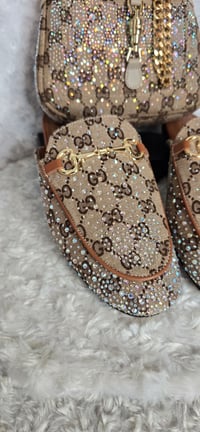 Image 2 of Size 7 Brown Gorg Girl Bling Mule sandals with matching Small Crossbody - Beige trim