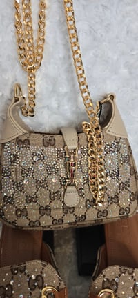 Image 3 of Size 7 Brown Gorg Girl Bling Mule sandals with matching Small Crossbody - Beige trim