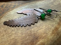 Image 1 of Asymmetrical Fern copper, sterling and green Onix earrings/ n45