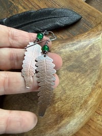 Image 7 of Asymmetrical Fern copper, sterling and green Onix earrings/ n45