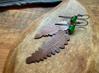 Image 9 of Asymmetrical Fern copper, sterling and green Onix earrings/ n45