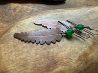 Image 11 of Asymmetrical Fern copper, sterling and green Onix earrings/ n45