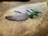 Image 5 of Asymmetrical Fern copper, sterling and green Onix earrings/ n45