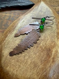 Image 13 of Asymmetrical Fern copper, sterling and green Onix earrings/ n45