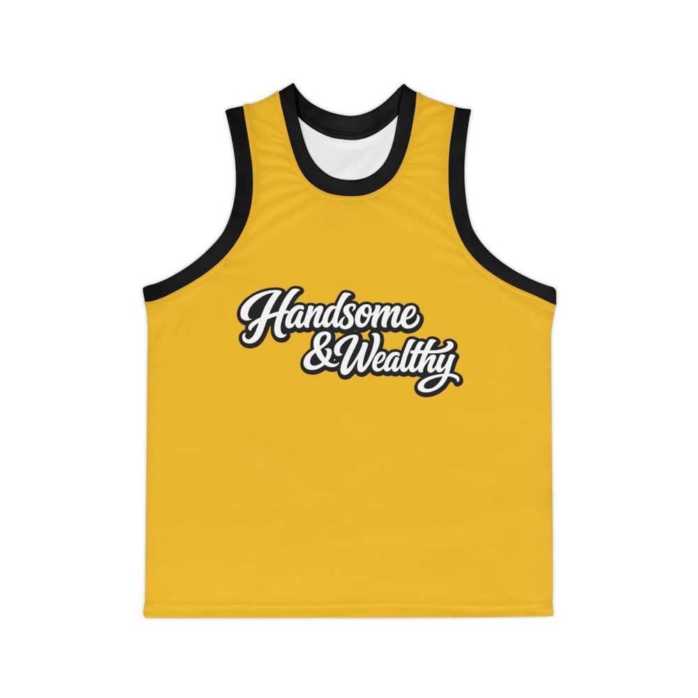 Image of Handsome & Wealthy Basketball Jersey — Yellow Retro Script Tank Top