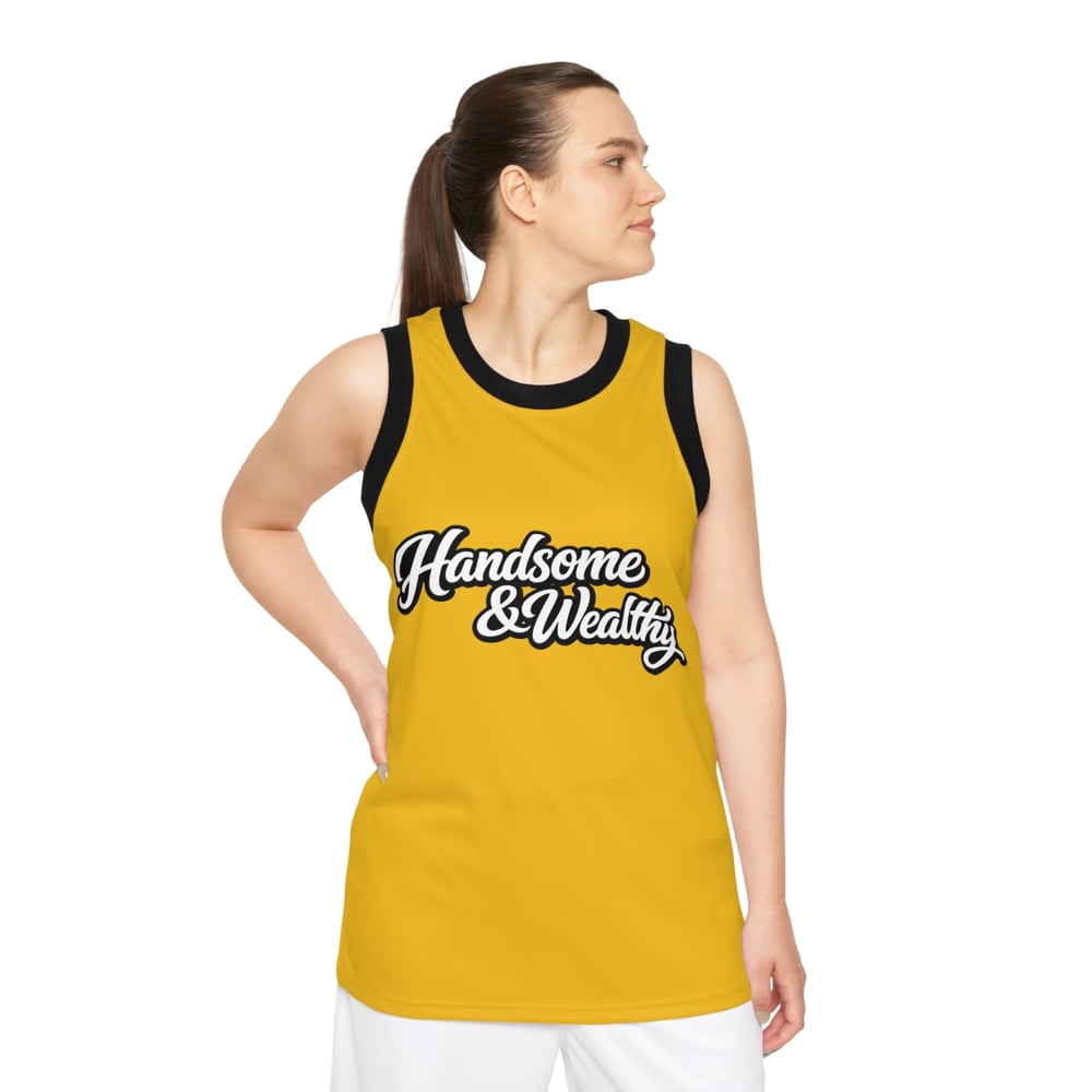 Image of Handsome & Wealthy Basketball Jersey — Yellow Retro Script Tank Top