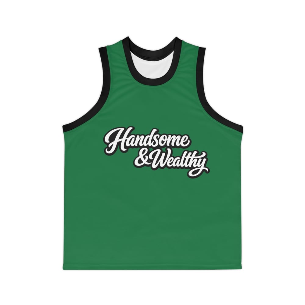Image of Handsome & Wealthy Basketball Jersey — Green Retro Script AOP Tank