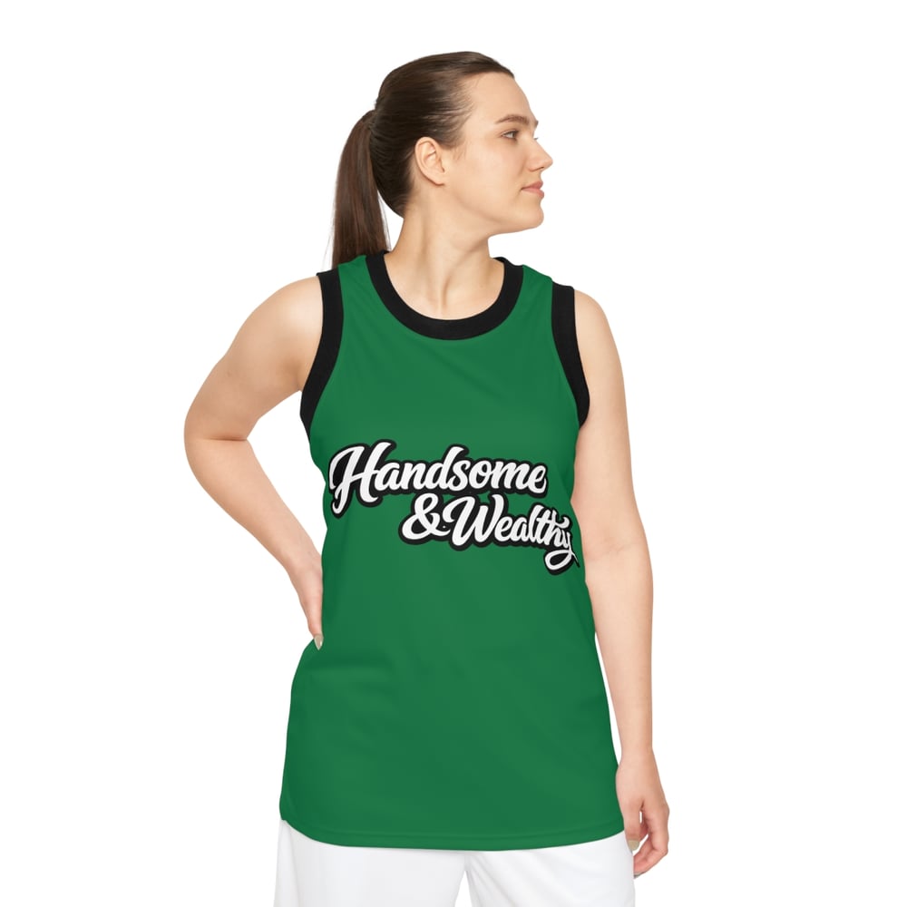 Image of Handsome & Wealthy Basketball Jersey — Green Retro Script AOP Tank