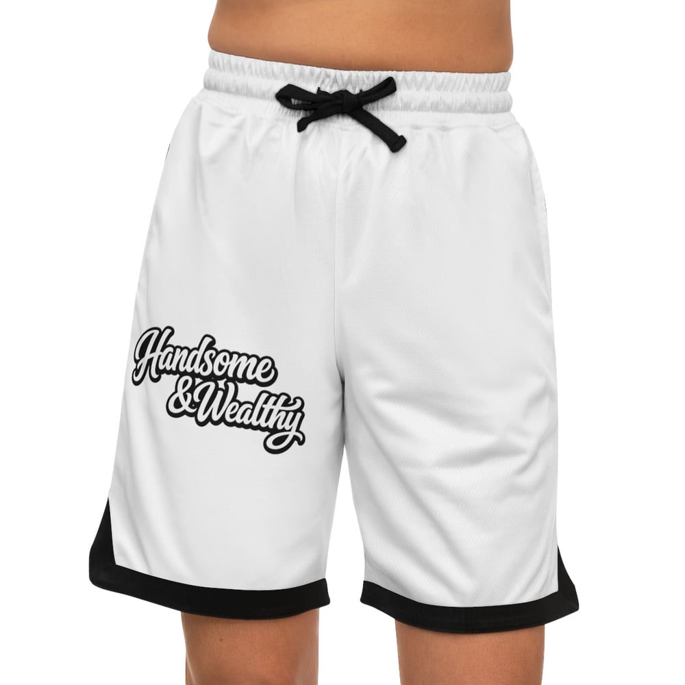 Image of Handsome & Wealthy Basketball Shorts — White Ribbed AOP