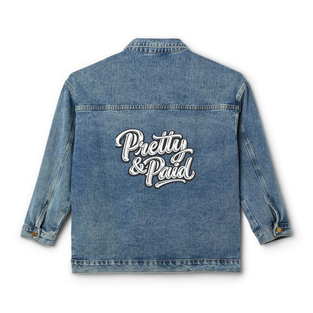 Image of Denim Jacket — "Pretty & Paid" Embroidered Women's Jean Jacket