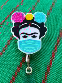 Image 2 of Frida Kahlo Badge Reel: Nurse ID Holder, Mexican Artist Gift, metal retractable reel