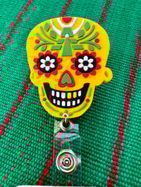 Image 2 of Sugar Skull Badge Reel: Mexican Skull, Día de Los Muertos, Calaca Calavera ID holder