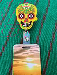 Image 1 of Sugar Skull Badge Reel: Mexican Skull, Día de Los Muertos, Calaca Calavera ID holder