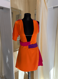 Image 3 of Y2K Iconic Plunge Mini Dress – Orange and Pink Statement Dress