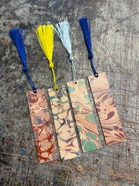 Image 1 of Small one-of-a-kind wooden hand marbled bookmark with tassel (square top)