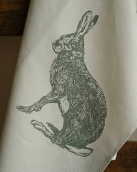 Image 3 of Organic Cotton Hare Tea Towel - Green Print
