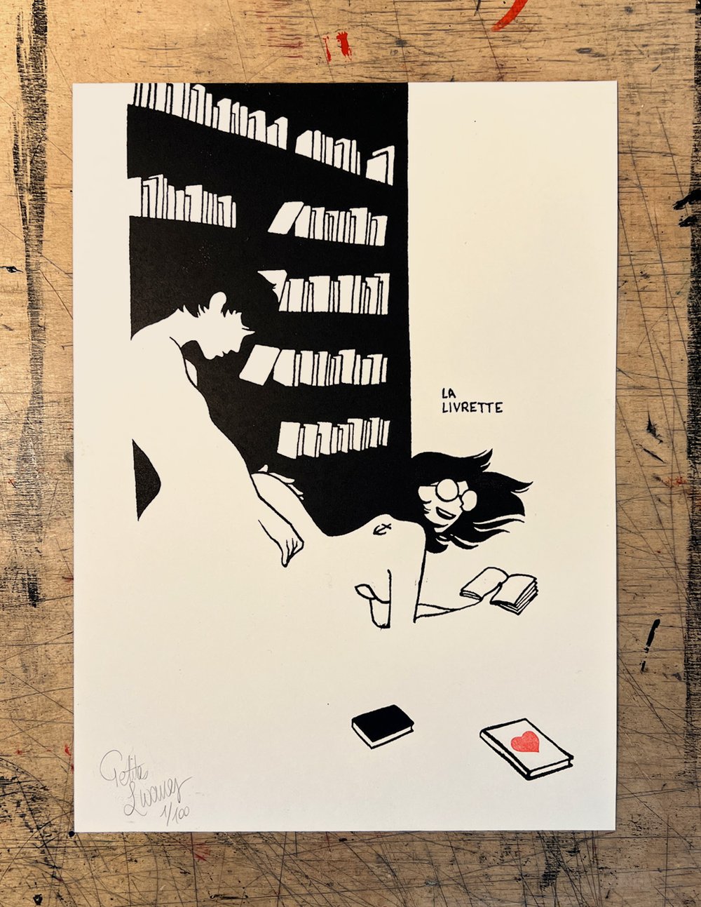 Image of "La Livrette" handmade linocut art print