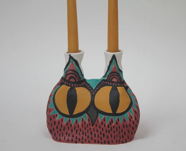 Owl, ceramic vessel, candle stick
