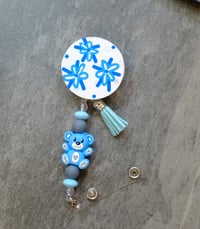Handmade Beaded Badge Reel, blue, bear, retractable, clip, nurse, teacher, charms, tassel