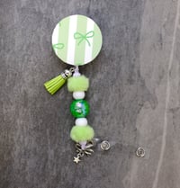 Handmade Beaded Badge Reel, green, stripes, beads, bows, tassel, retractable, nurse, teacher, gift