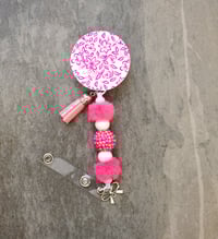 Handmade Beaded Badge Reel, beads, tassel, pink, gift, retractable, clip, nurse, teacher, charms