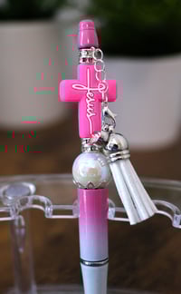 Handmade Beautiful Pink Jesus Cross Beaded Pen, tassel, religious, bead, charm, white, gift