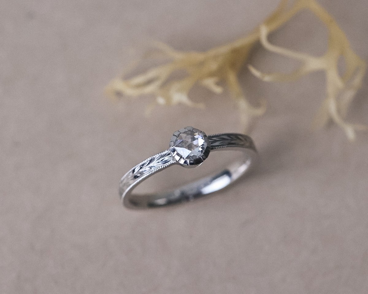 Image of Platinum 4.1mm rose-cut diamond Olive Leaf ring (LON275)