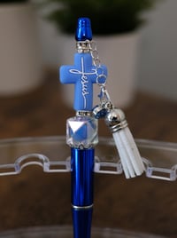 Handmade Beautiful Blue Jesus Cross Beaded Pen, tassel, religious, bead, tassel, charm, church, gift