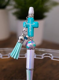 Handmade Beautiful Teal Jesus Cross Beaded Pen, tassel, religious, bead, gift, church, charm