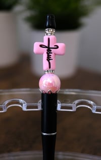 Handmade Beautiful Pink Jesus Cross Beaded Pen, religious, bead, gift, black, church, faith