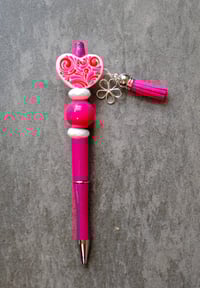 Image 3 of Handmade Pink Hearts Beaded Pens, ball point, charms, beads, journaling, writing, gift, bow, tassel