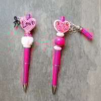 Image 1 of Handmade Pink Hearts Beaded Pens, ball point, charms, beads, journaling, writing, gift, bow, tassel