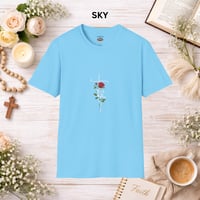 Image 9 of 'Faith' Vertical Script with Rose Floral Graphic— Women's Christian Inspirational T-Shirt