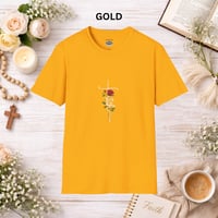 Image 14 of 'Faith' Vertical Script with Rose Floral Graphic— Women's Christian Inspirational T-Shirt