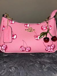 Image 1 of Coach Pink Cherry-Print Shoulder Bag with Cherry Charm