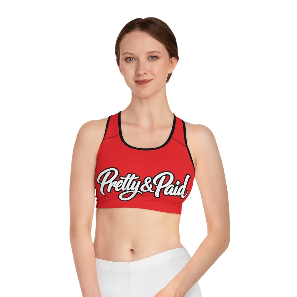 Image of Pretty & Paid Sports Bra — Trendy Red Graphic Activewear