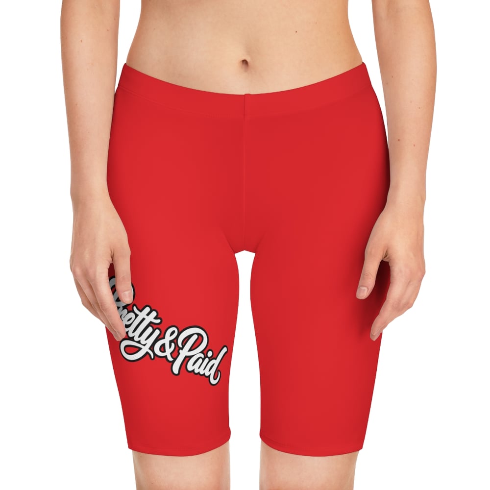 Image of Pretty & Paid Red Women's Bike Shorts — Graphic Cycling Activewear