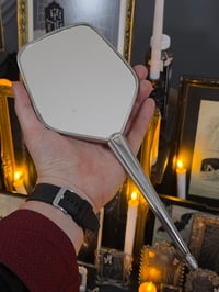 Image 3 of  Large Silver Vintage Hand mirror with Real Preserved Web- 1