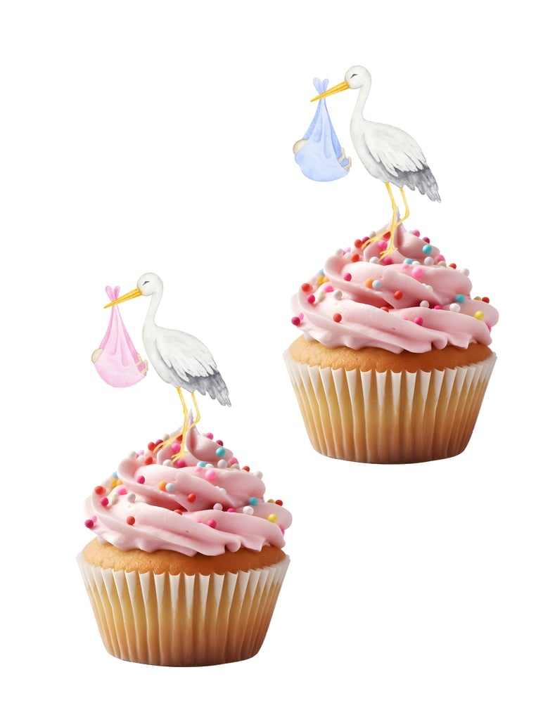 Image of Stork Baby Shower Cake Topper w/ Cupcake Toppers