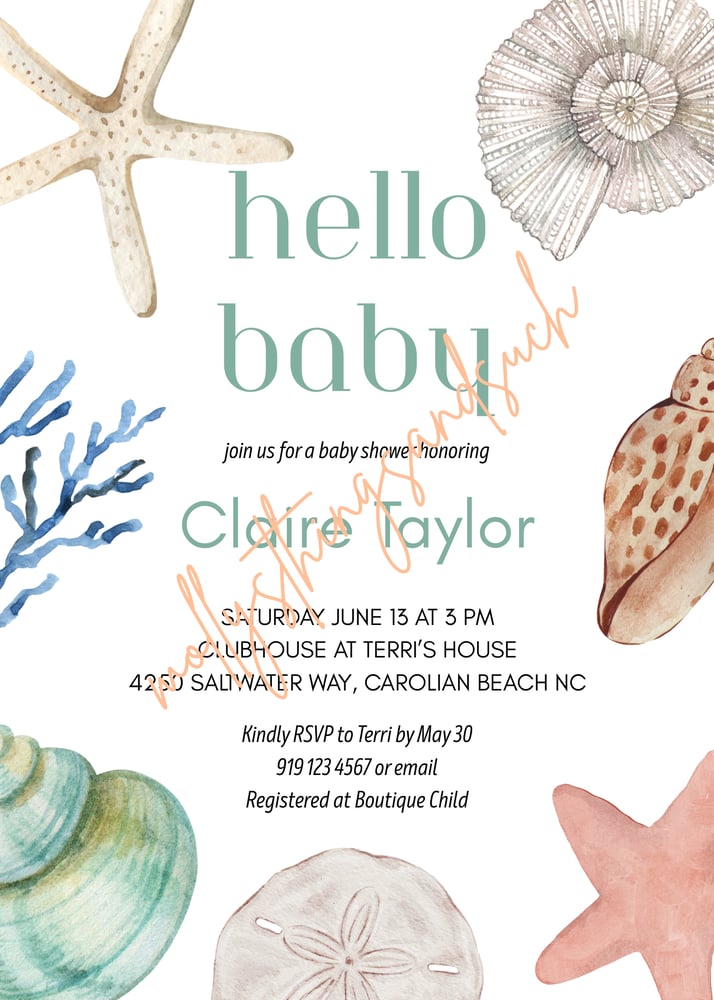 Image of Hello Baby Shells Theme Baby Shower Invitation