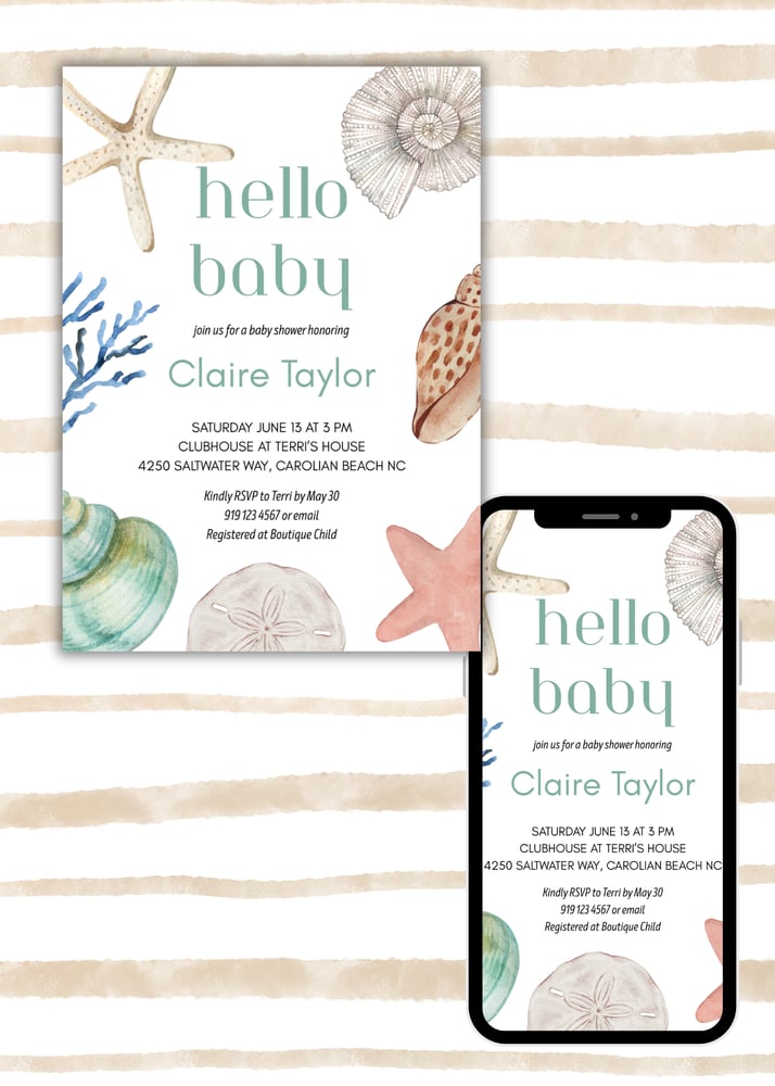 Image of Hello Baby Shells Theme Baby Shower Invitation