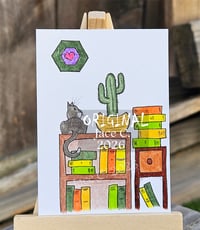 Gray Cat with Cacti collectable art card